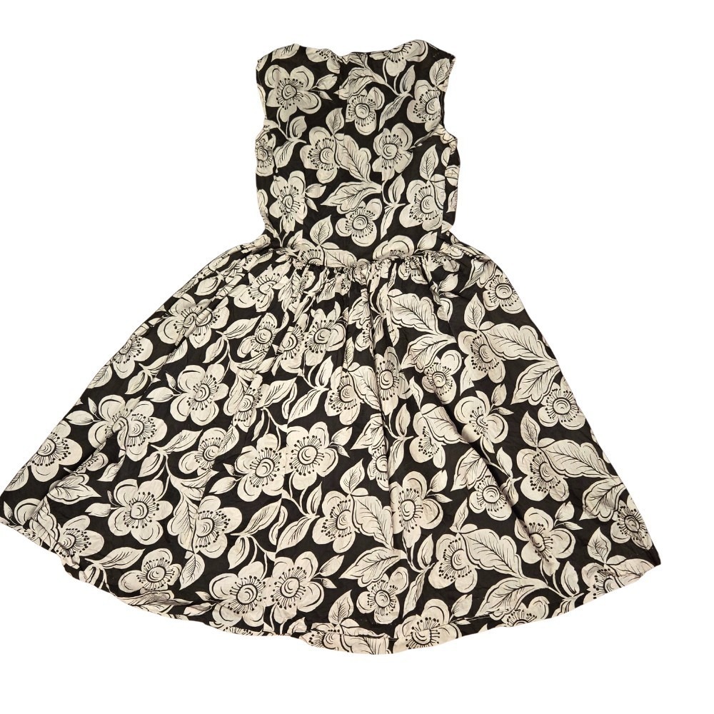 Gray And White Hibiscus Floral Vintage Knee Length Dress Side Zipper Full Skirt